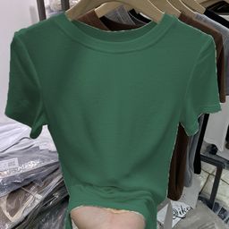 thumbnail for TikTok Explosions Round Neck Short-sleeved T-shirt Women's 2024 Summer New Thread Elastic Slim-fit T-shirt All-match Simple Top