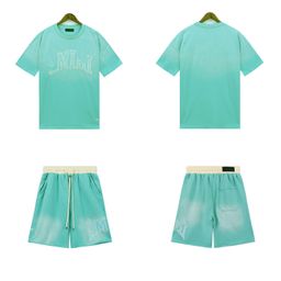 thumbnail for T-Shirt Suit American Preppy Style Amiri Letter Patch Embroidered Washed and Distressed Short-Sleeved Pants Casual Shorts for Men