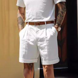 thumbnail for Shorts de linho masculinos, shorts de verão, shorts plissados, shorts com bolso, shorts de perna reta, lisos, confortáveis e respiráveis.