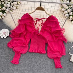 thumbnail for Cross-border best-selling spring new vintage and sexy deep V-neck ruffled waist lantern-sleeve chiffon short top