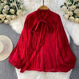 thumbnail for Red Color Scheme, Light Luxury and Elegant Bow-Tie V-Neck Lantern Sleeve Shirt for Women, Spring and Autumn Age-Reducing Pearlescent Sheer Shirt