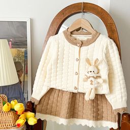 thumbnail for JINYONG Autumn/Winter 2025 New Girls' Two-Piece Trendy Korean Style Girls' Cartoon Bunny Cardigan Pleated Skirt