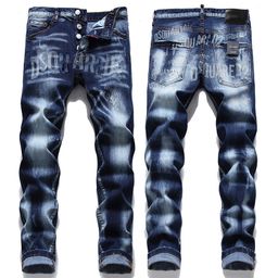 thumbnail for Foreign Trade Watermark Button Laser Stereo Whiskered Blue Cotton Elastic Slim Small Straight Jeans for Men