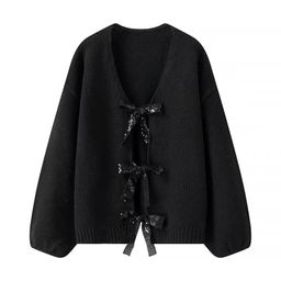 thumbnail for European and American Style Spring and Autumn Fashion Women&#039;s Solid Color V-neck Long Sleeve Sequin Bow Decorative Loose Sweater Knitwear