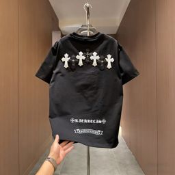 thumbnail for Summer light luxury cross leather label design short-sleeve men's trendy brand Sanskrit letters embroidered casual short-sleeve T-shirt