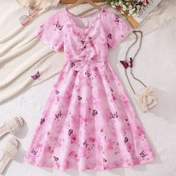 thumbnail for Cross-Border Girls' Dress 2026 Summer New Style European and American Sweet Printed V-Neck Short-Sleeved Slim-Fitting Elegant Long Dress