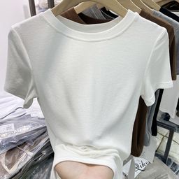 thumbnail for TikTok Explosions Round Neck Short-sleeved T-shirt Women's 2024 Summer New Thread Elastic Slim-fit T-shirt All-match Simple Top