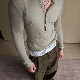 thumbnail for Abstinence, slim-fitting tulle cover-up, lazy Henley collar long-sleeved T-shirt, neutral lightweight, sheer base layer