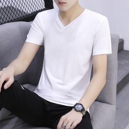 thumbnail for 夏季V领纯棉短袖T恤鸡心领纯色男士宽松体恤衫工厂直销上衣服男装