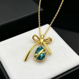 thumbnail for 2026 New Gold Bow Sea Blue Waterdrop Necklace, Fashionable Classic, Everyday Simple and Versatile Women's Factory Direct Sale