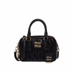 thumbnail for Miu New Style Lambskin Pleated Embroidered Bowling Boston Small Square Bag Versatile Handbag Shoulder Crossbody Women's Bag