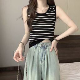 thumbnail for Striped U-Neck Ice Silk Tank Top for Women, Summer Outerwear, Stylish Knit Inner Layer, Sleeveless Slim-Fit Camisole