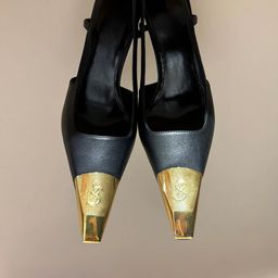 thumbnail for 2024 Early Autumn New High-heeled Shoes Golden Metal Covered Toe Stiletto Heel Shallow Mouth Pointed Rear Empty Single-layer Shoes for Women