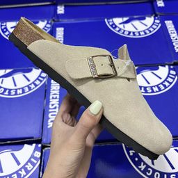 thumbnail for Sapatos Birkenstock de couro genuíno chinelos de sola grossa para mulheres 2025 novo uso externo casal casual Baotou Birkenstock meia-sapatilha retro sapatos femininos.
