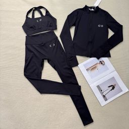 thumbnail for 25 Autumn and Winter Niche New Yoga Sports Suit Contrasting Color Embroidered Zipper Jacket + Vest with Chest Pad + Pants