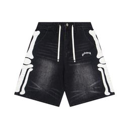 thumbnail for 26S cross-border European and American trendy brand God letter bone embroidery washed denim shorts, high street elastic five-point pants for men and women