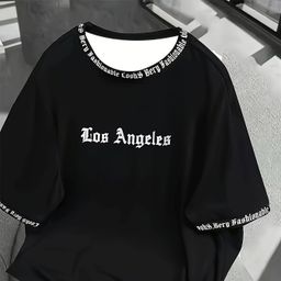 thumbnail for Camiseta elegante com estampa de letras de Los Angeles e gola redonda – macia e respirável, mangas curtas, moda diária de verão e moda de rua