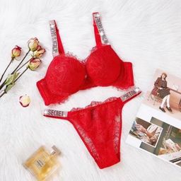 thumbnail for Victoria sexy lace lingerie rhinestone strap small chest gathered mid cup top support anti-sag bra set