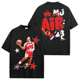 thumbnail for Camiseta americana retrô transfronteiriça com estampa dupla face de trapézio voador, manga curta, gola redonda lavada, algodão pesado casual.