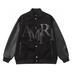 thumbnail for Cross-border Trendy Brand AMIRI Leather Embroidered Letter Woolen Collar Baseball Suit Men&#039;s and Women&#039;s American Style High Street Leather Sleeve Jacket