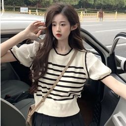 thumbnail for Unique and Chic Hong Kong Style Chic Sweet and Spicy Striped Stitching Crewneck Top Design Niche Short-sleeved Knitted Women's Summer