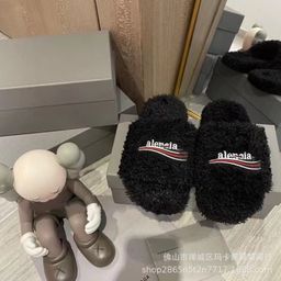 thumbnail for Paris wool slippers women's wear 2024 new letter embroidered platform lambswool autumn and winter flat slippers