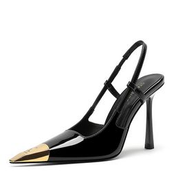 thumbnail for High-heeled shoes women's gold iron-toe socialite Yang Shulin patent leather black women's shoes stiletto heel sexy small square toe covered sandals