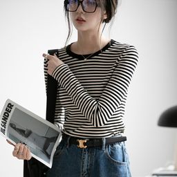 thumbnail for High-Quality Pure Cotton Striped Color-Block Round-Neck Slim-Fit Base Shirt for Women, 2026 Autumn New Long-Sleeve Versatile Inner T-Shirt