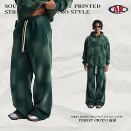 thumbnail for 2025 Fall/Winter 360G spray-dyed VIBE air-washed long sweatshirt frayed edged sprayed horse horse loose fleece flared trousers