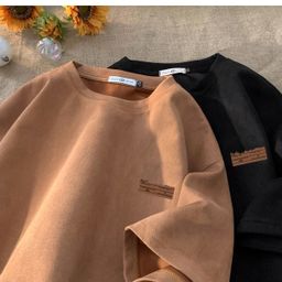 thumbnail for NASA Brown Suede Heavy Small Collar Short Sleeve T-Shirt Men's Summer American Retro Fashion Brand Fashionable oversize