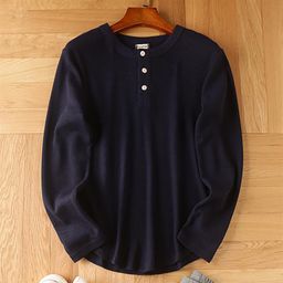 thumbnail for European and American tough guy Henry V-neck live broadcast a drop-shipping men's cotton waffle long-sleeved T-shirt base shirt cotton tide