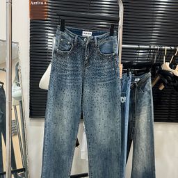 thumbnail for mm25 early spring new high waist slimming heavy industry star rhinestone embroidered jeans