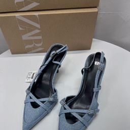 thumbnail for ZA2024 Autumn New Women's Shoes Denim Buckle Strap Pointed High Heel Muller Shoes Casual Fashion Sandals Women