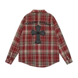 thumbnail for 2025 New CH Crowe Correct Edition Heavy Industry Leather Embroidered Chest Pocket Woolen Plaid Shirt for Men and Women