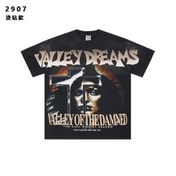 thumbnail for 跨境美式潮牌Vale水洗做旧印花短袖牛仔短裤宽松街头时尚T恤男女