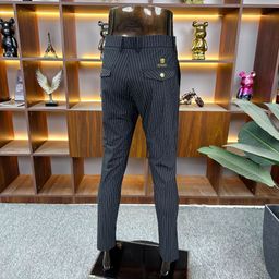 thumbnail for High-end men's slacks, high-quality European business striped small foot trousers, summer ice silk thin slim straight pants