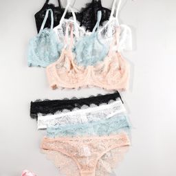 thumbnail for Conjunto de lingerie com renda floral e costas bonitas para mulheres, sutiã e calcinha ultrafinos, transparentes, confortáveis e respiráveis com costas abertas.