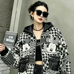 thumbnail for European Mickey Plaid Patchwork Hooded Jacket for Women, 2026 Autumn/Winter New Fleece-Lined Thickened Loose Cardigan Jacket Trendy