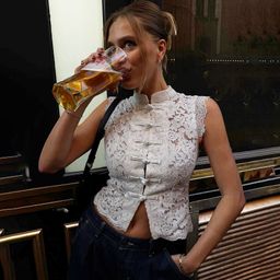 thumbnail for Fashionable sexy lace national style coiled buttonless shirt 2025 cross-border European and American autumn and winter new temperament stand-up collar top