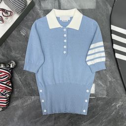 thumbnail for [TB] Factory Store High Quality Summer Women's Four-Bar Striped Short Sleeve Lapel Five-Button POLO Shirt Comfort Top