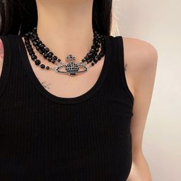thumbnail for Best-selling internet celebrity full-diamond Saturn necklace, choker European and American black planet three-layer pearl necklace, personalized collarbone chain