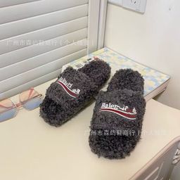 thumbnail for High-End Foreign Trade Paris-Style Furry Slippers for Women, Outdoor Wear, Letter Embroidery, Thick-Soled Lamb Wool, Autumn and Winter Flat Slippers