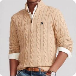 thumbnail for Fall/Winter Stand Collar Pony Sweater Zip Twist Knit Sweater Casual Cotton Padded Warm RL Pullover