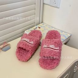 thumbnail for Foreign trade high version Paris wool slippers women's outer wear letter embroidery platform lambswool autumn and winter flat slippers