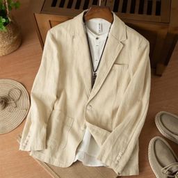 thumbnail for 2025春夏休闲百搭高端棉麻衬衫外套男宽松纯色苎麻单层西服男
