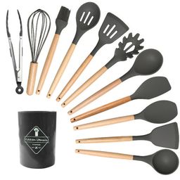 thumbnail for 12-piece set silicone kitchenware suit non-stick pan with wooden handle cooking spatula storage barrel household goods factory in stock