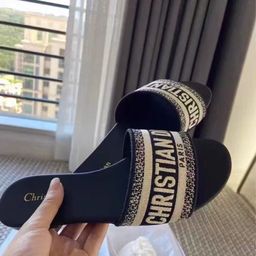 thumbnail for D Brand Embroidered Slippers for Women, Summer 2025 New Trendy Genuine Leather Chunky Heel Beach Flat Slide Sandals Ins