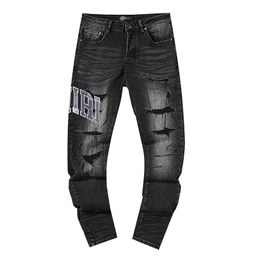 thumbnail for Cross border wholesale purple american high street ripped patch trend retro straight AM1ri jeans brand