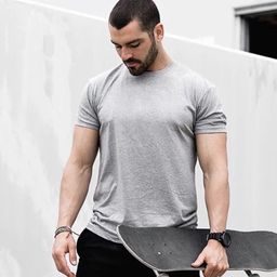 thumbnail for European Size Solid Color Fitness Men&#039s Crewneck Sports Cotton T-shirt Muscle Short-sleeved Non-sleeved