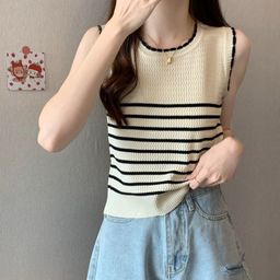 thumbnail for Pullover Striped Knitted Women's Outer Wear Summer New Slim Fit Versatile Short Sleeveless Sweet and Cute Top for Women